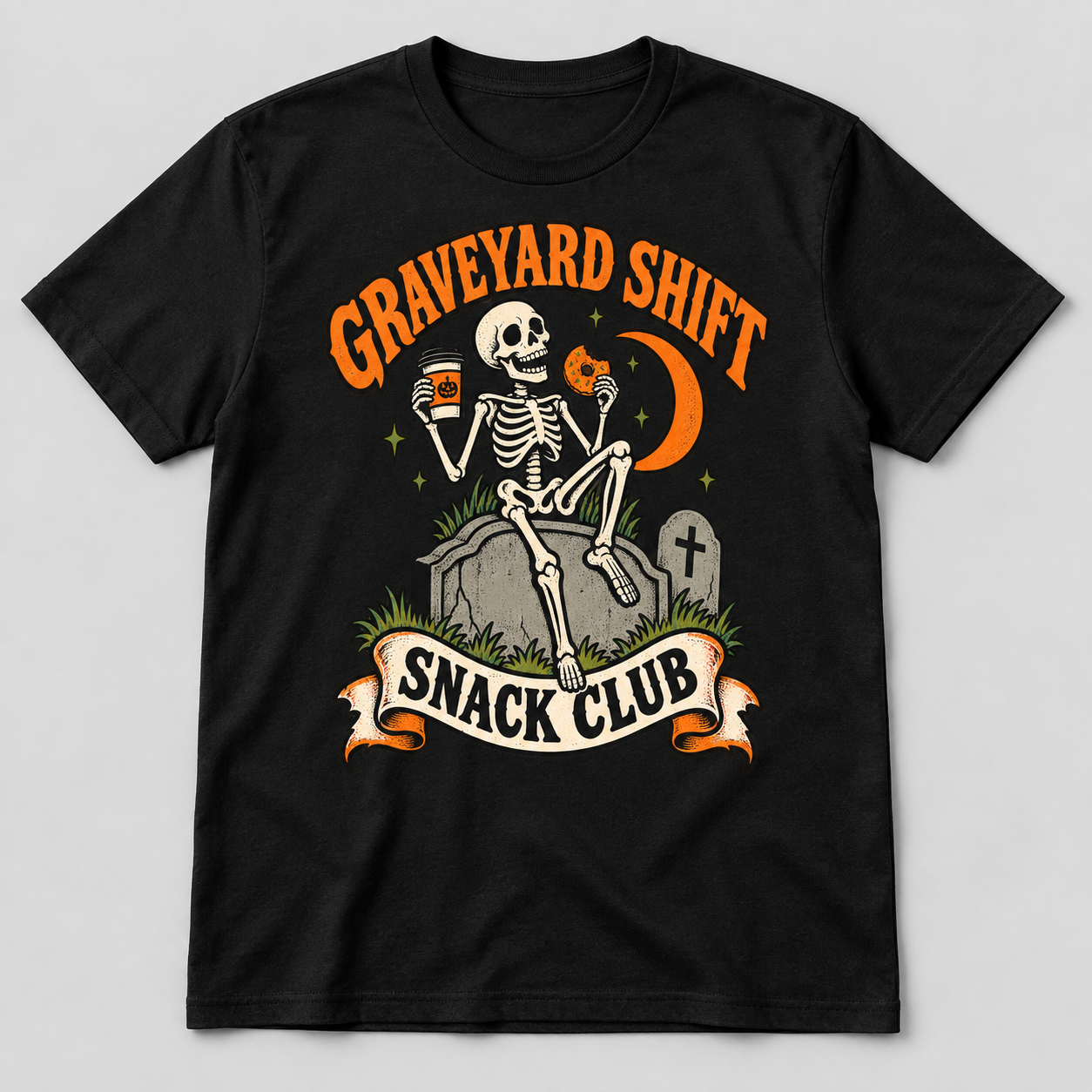 Graveyard Shift design on a t-shirt mockup