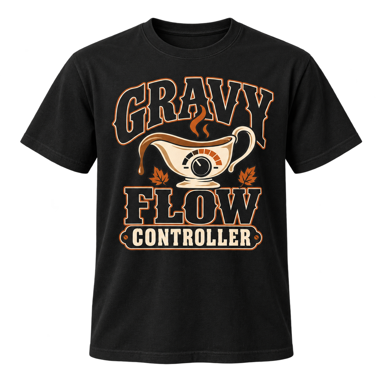 Gravy Flow Controller design on a black t-shirt mockup